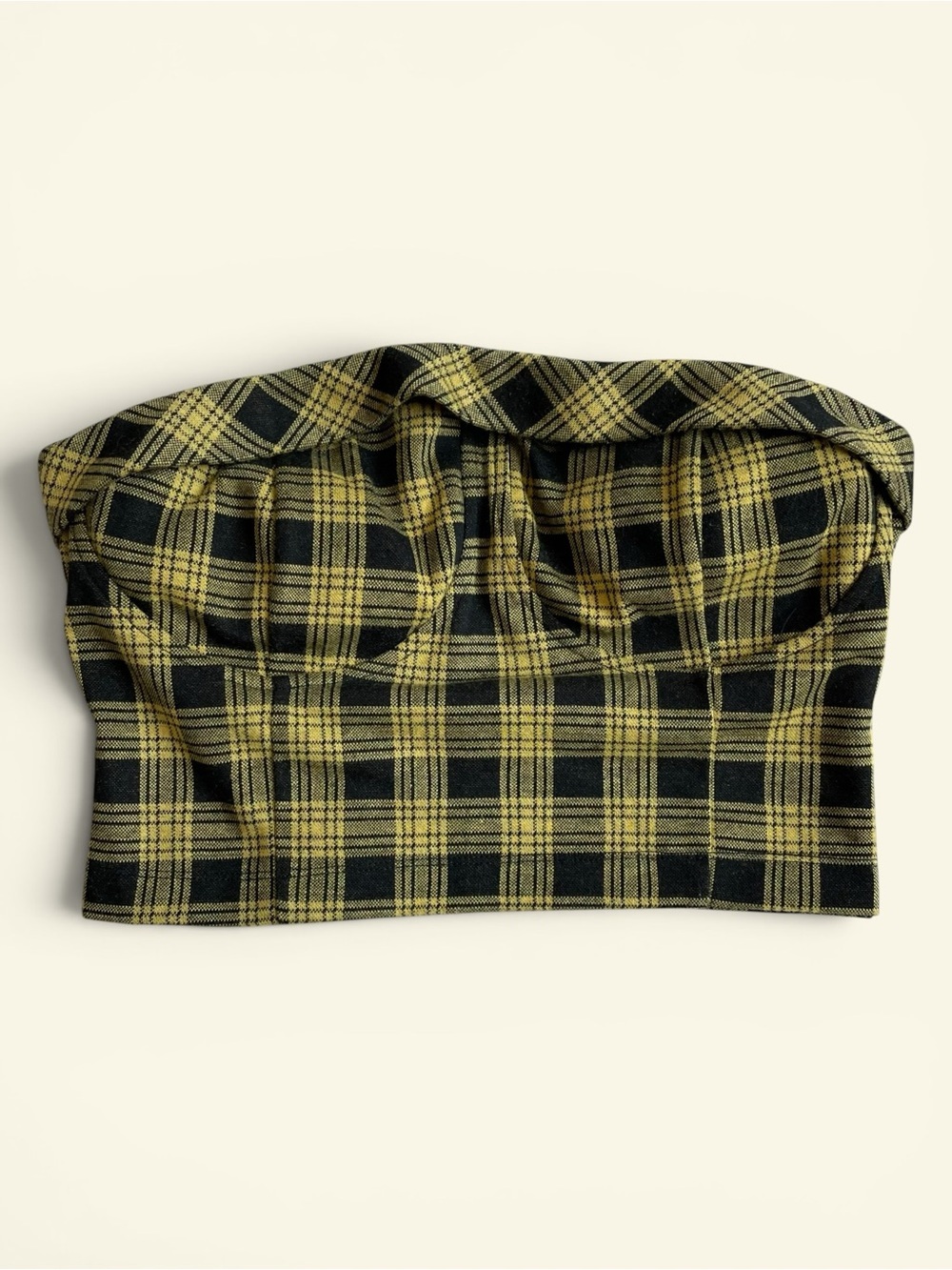 Meraki Yellow Black Plaid Strapless Bustier Crop Tube Top XL Sweetheart Neck